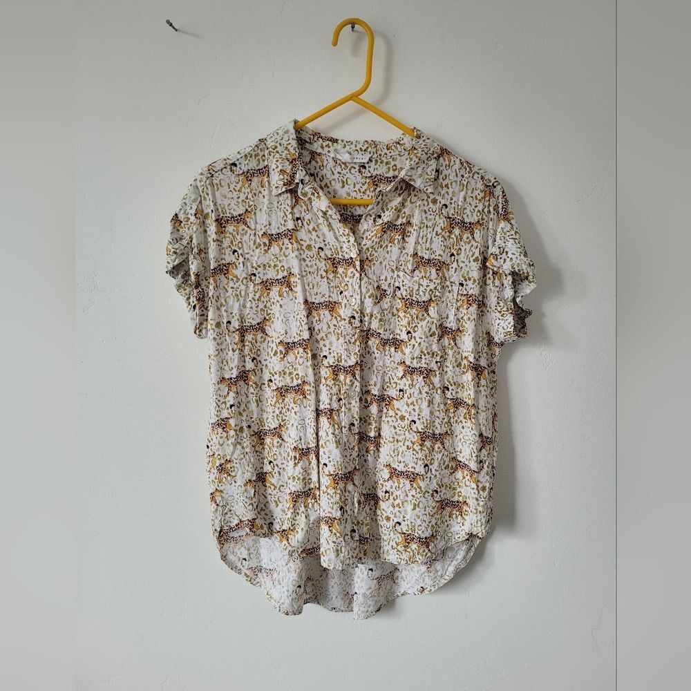 Jane + Delancey Cheetah Leopard Tropical Novelty Print Button Up Shirt Safari M - Picture 5 of 9